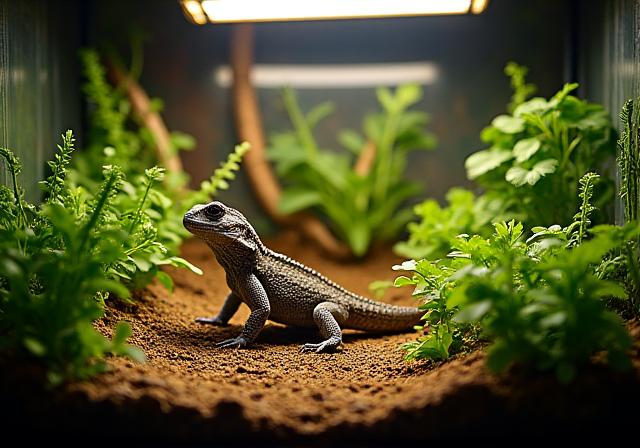 A beautifully arranged terrarium with plants, wood, and a heat lamp.