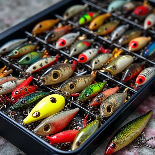 An open tackle box showing a wide variety of fishing lures.