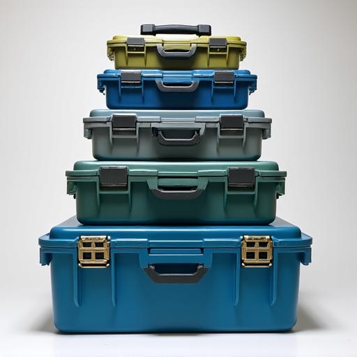Stacked, organized fishing tackle boxes.